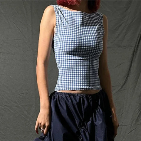 Korean Fashion Bow Backless Tank Top – Plaid Print Sleeveless Crop Top