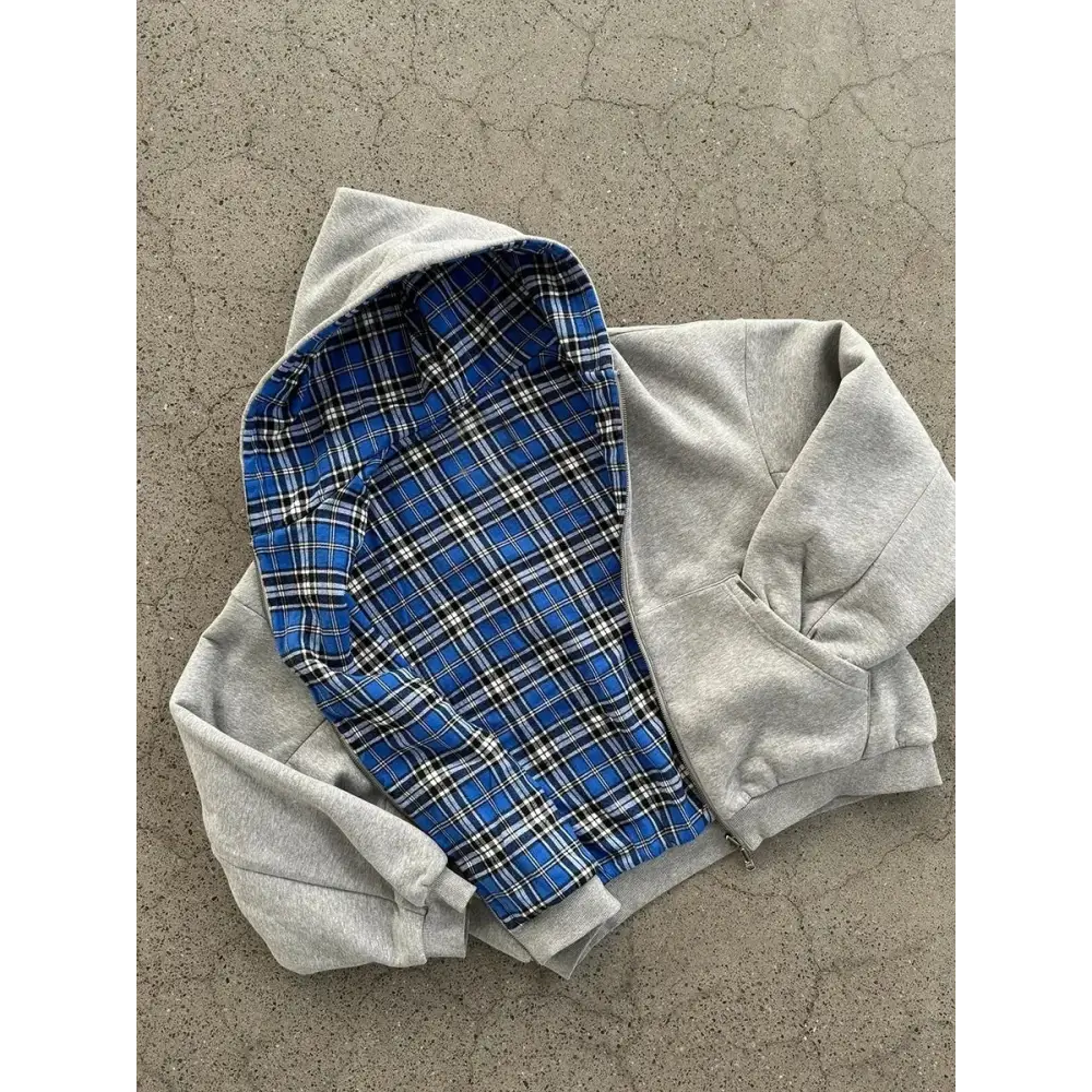 Korean Fashion Simple Gray Double-Sided Oversized Zipper Hoodie Women’s Y2K New Harajuku Gothic Casual Joker Couple