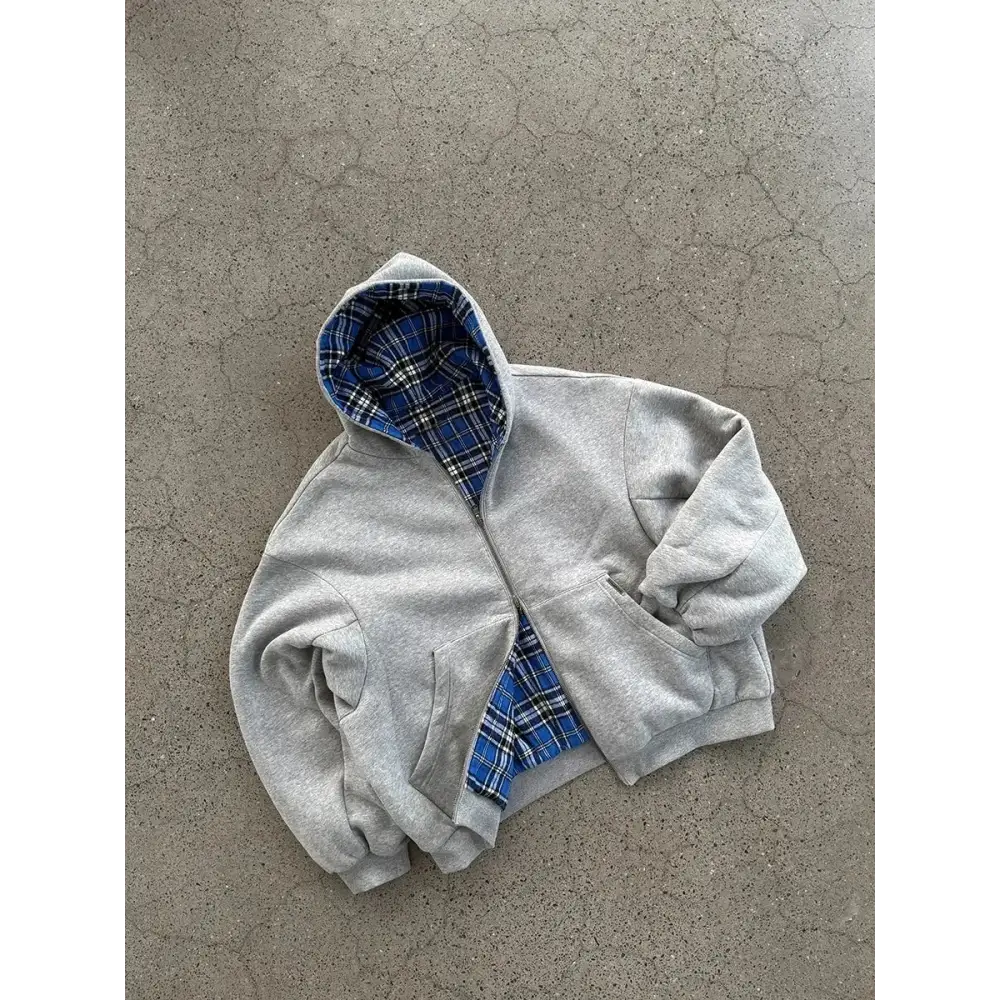 Korean Fashion Simple Gray Double-Sided Oversized Zipper Hoodie Women’s Y2K New Harajuku Gothic Casual Joker Couple