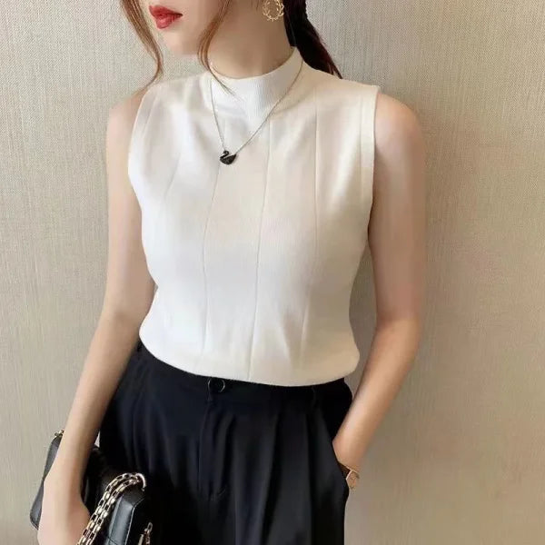 Korean Fashion Women’s Tops - Sleeveless Solid Knit Blouse Casual Spring/Summer Blusas - white / One Size