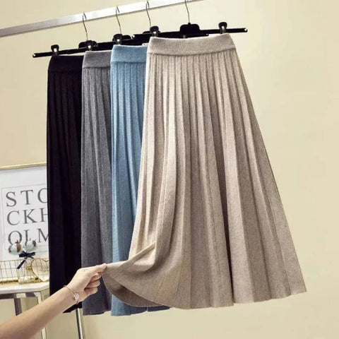 Korean Style Skirt Trendy Knitted Midi Skirt with Pleats for Women - Himpall