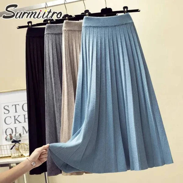 Korean Style Skirt Trendy Knitted Midi Skirt with Pleats for Women - Himpall