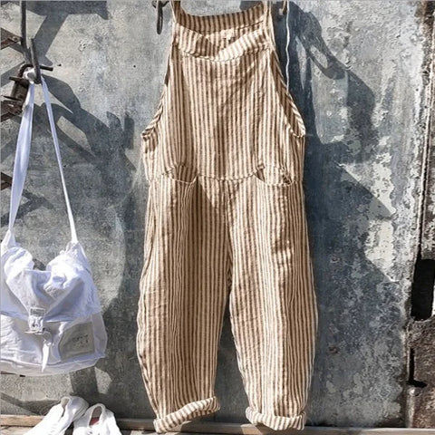 Korean Style Striped Overalls – Women’s Loose Fit Summer Jumpsuit - Yellow / M / United States