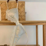 Korean Style Triangle Cup Bow Lace Bra for Women Small Chest Satin Underwear Sweet Girl Breathable Comfortable Soft Bra