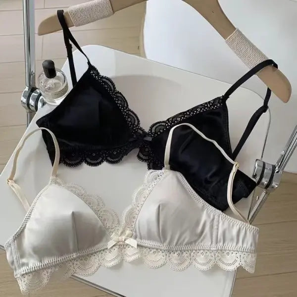 Korean Style Triangle Cup Bow Lace Bra for Women Small Chest Satin Underwear Sweet Girl Breathable Comfortable Soft Bra