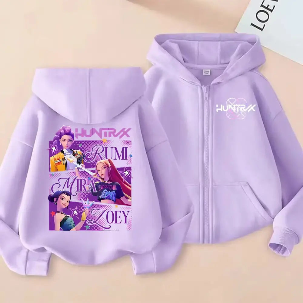 KPop Demon Hunters Zipper Hoodie Cartoon Girls Coat Fashion Thin Clothes Purple Autumn Hoodie Jacket Kids Anime