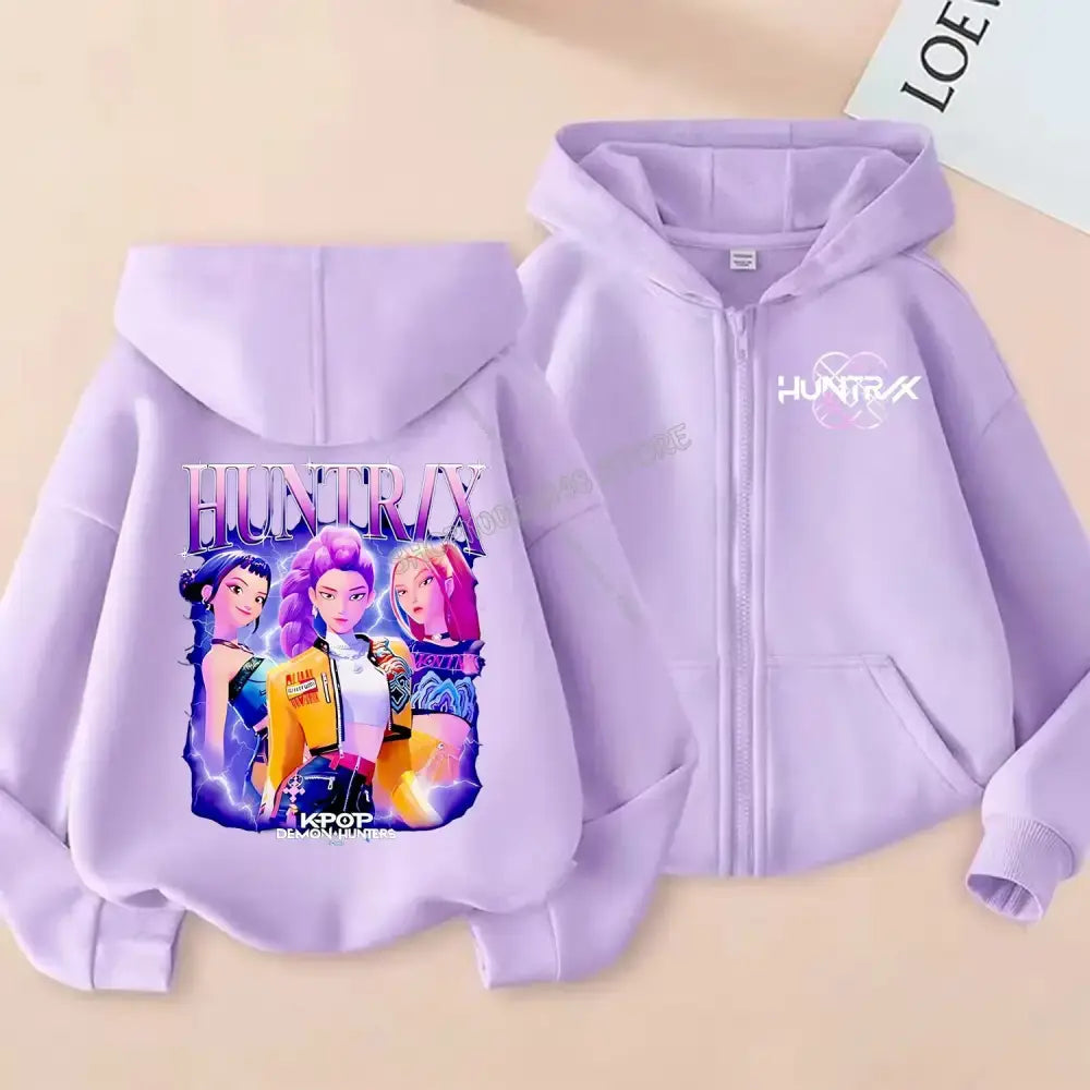 KPop Demon Hunters Zipper Hoodie Cartoon Girls Coat Fashion Thin Clothes Purple Autumn Hoodie Jacket Kids Anime