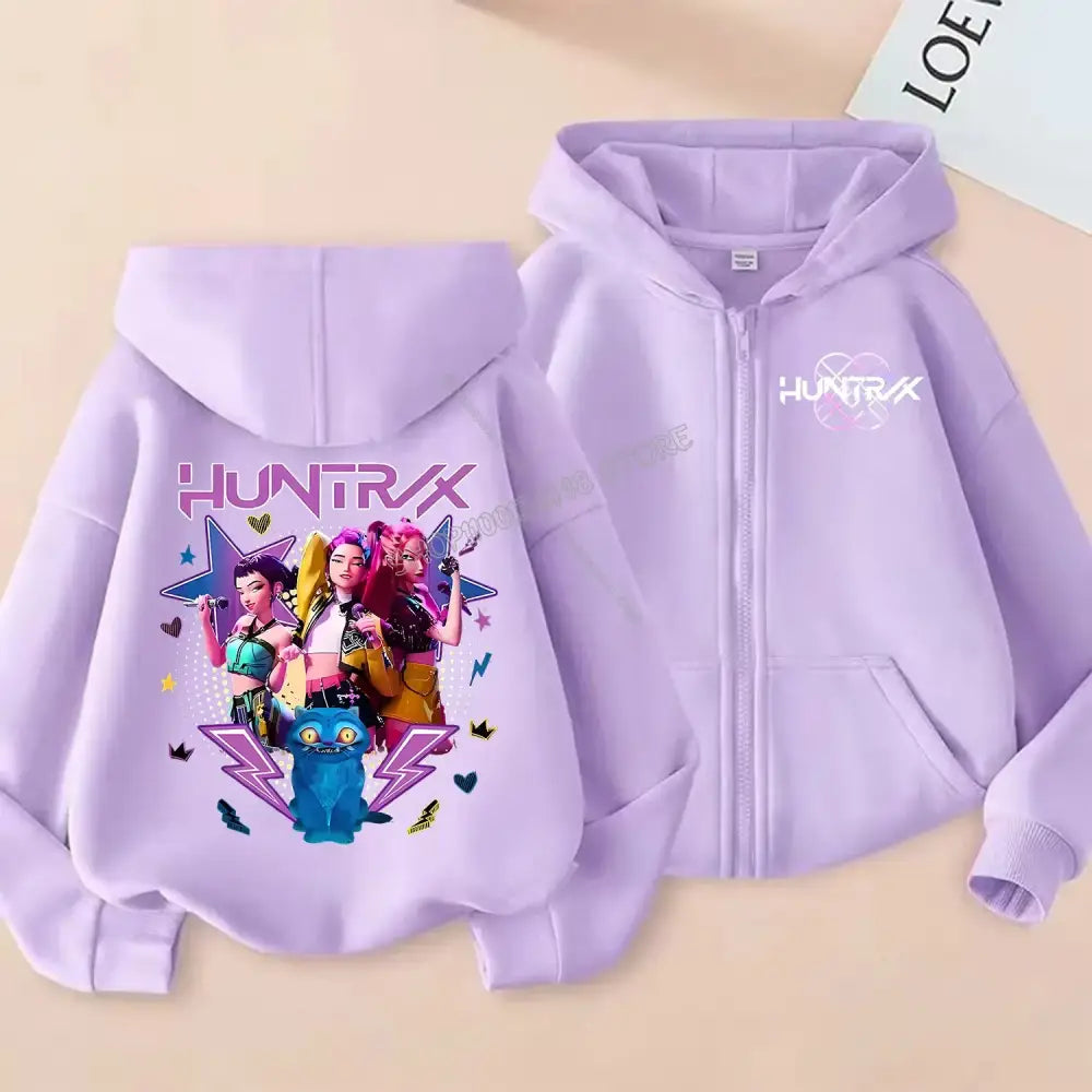 KPop Demon Hunters Zipper Hoodie Cartoon Girls Coat Fashion Thin Clothes Purple Autumn Hoodie Jacket Kids Anime