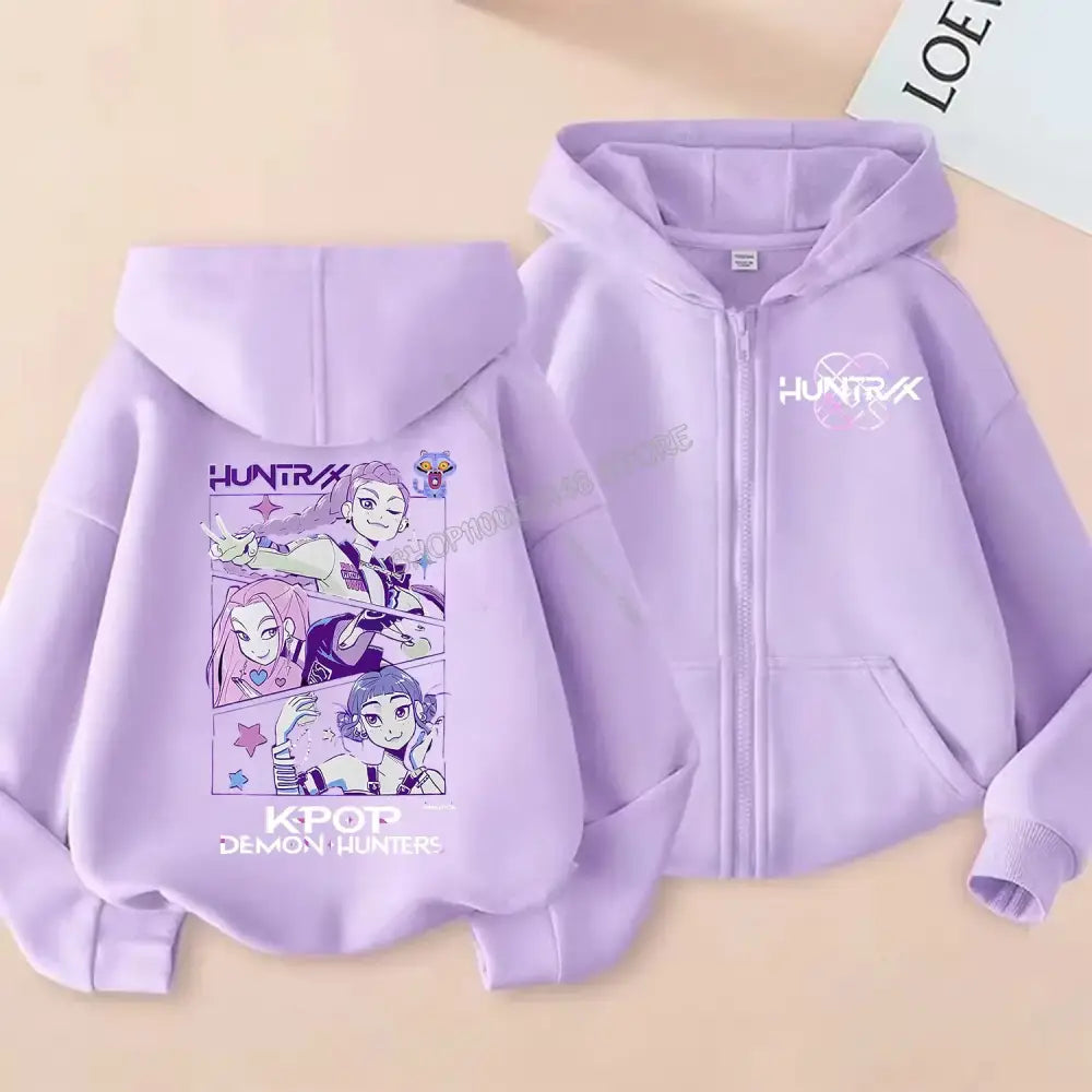 KPop Demon Hunters Zipper Hoodie Cartoon Girls Coat Fashion Thin Clothes Purple Autumn Hoodie Jacket Kids Anime
