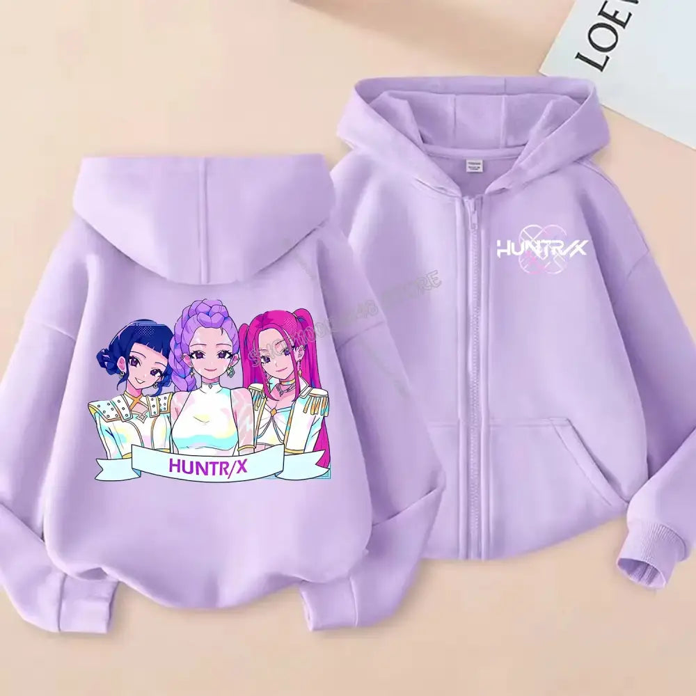 KPop Demon Hunters Zipper Hoodie Cartoon Girls Coat Fashion Thin Clothes Purple Autumn Hoodie Jacket Kids Anime
