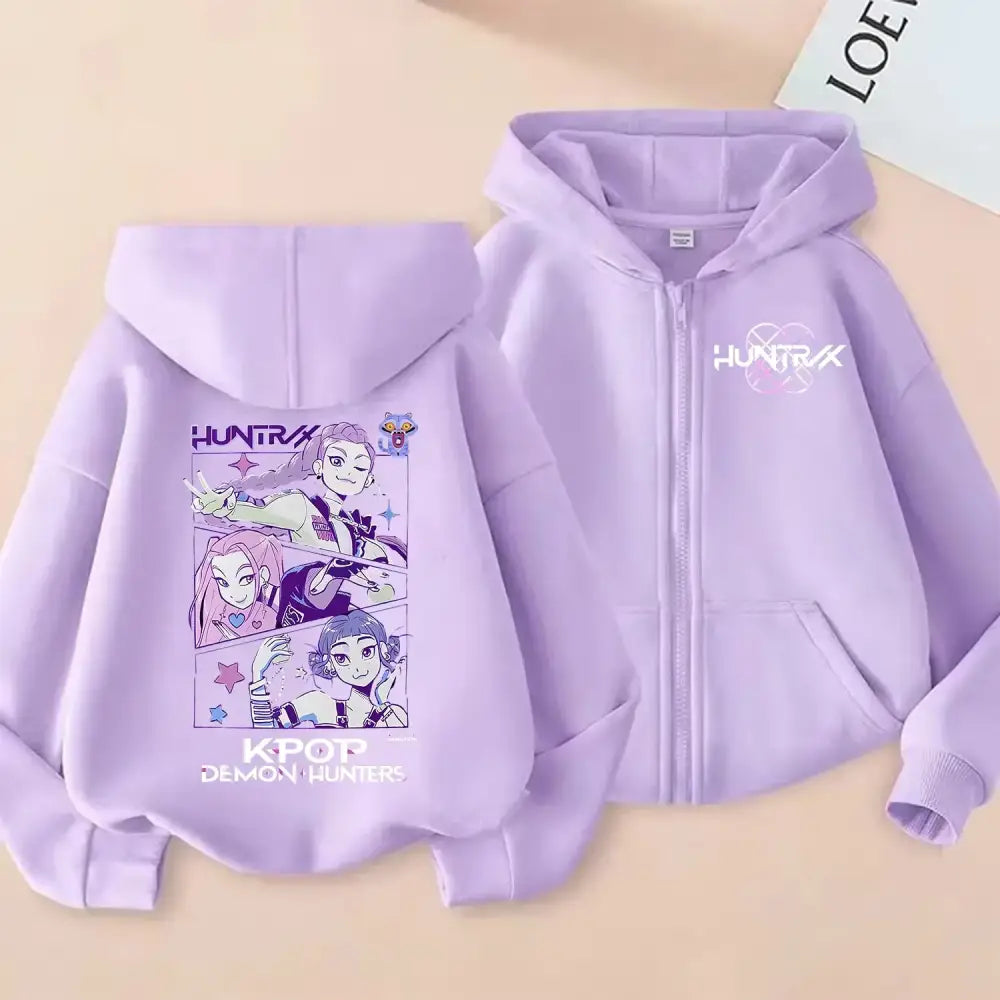 KPop Demon Hunters Zipper Hoodie Cartoon Girls Coat Fashion Thin Clothes Purple Autumn Hoodie Jacket Kids Anime