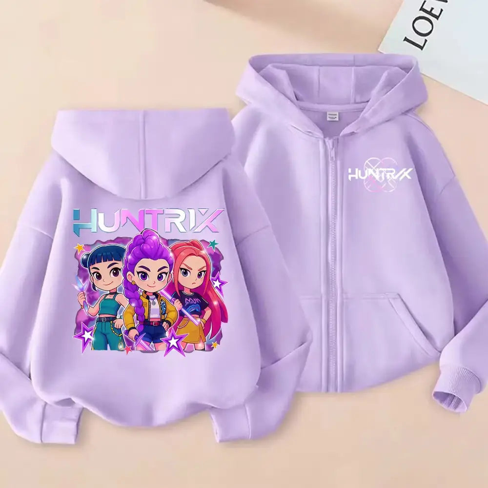 KPop Demon Hunters Zipper Hoodie Cartoon Girls Coat Fashion Thin Clothes Purple Autumn Hoodie Jacket Kids Anime