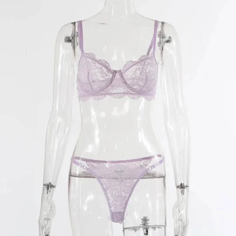 Lace Edge See-through European And American Sexy Underwear Suit - Light Purple / L