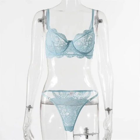 Lace Edge See-through European And American Sexy Underwear Suit - Light Blue / L