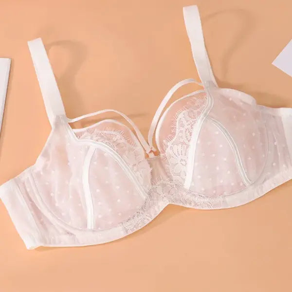 Lace Plus Size Bra Thin Mesh Embroidery Full Cup Gathering Top Support Slim Fit Underwear - White / 90H