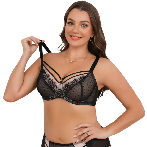 Lace Plus Size Bra Thin Mesh Embroidery Full Cup Gathering Top Support Slim Fit Underwear