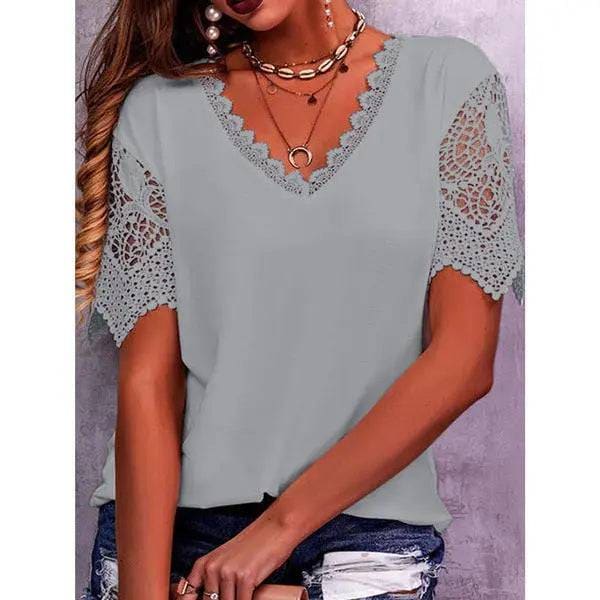 Lace Tops Women Summer Loose V Neck Short Sleeve Casual Shirts - Gray / 5XL