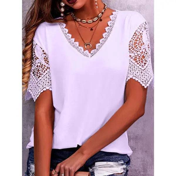 Lace Tops Women Summer Loose V Neck Short Sleeve Casual Shirts - Light purple / 5XL