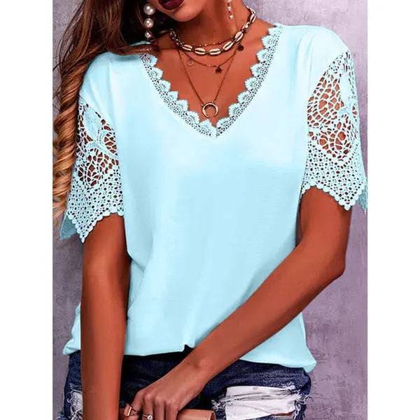 Lace Tops Women Summer Loose V Neck Short Sleeve Casual Shirts - Light blue / 5XL