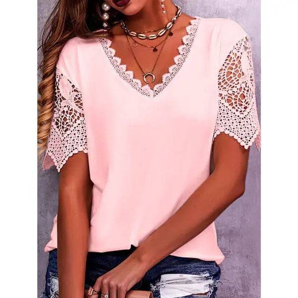 Lace Tops Women Summer Loose V Neck Short Sleeve Casual Shirts - Pink / 5XL