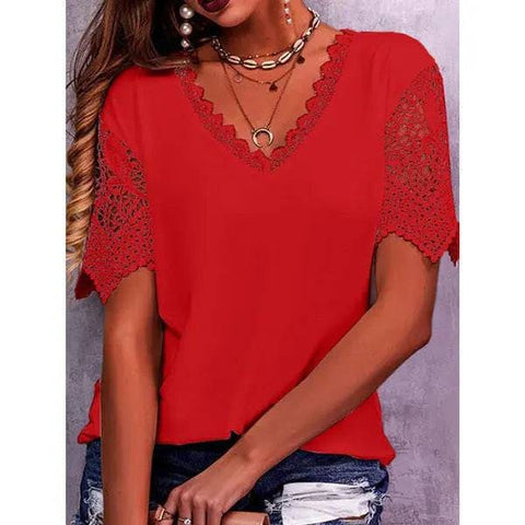 Lace Tops Women Summer Loose V Neck Short Sleeve Casual Shirts - Red / 5XL