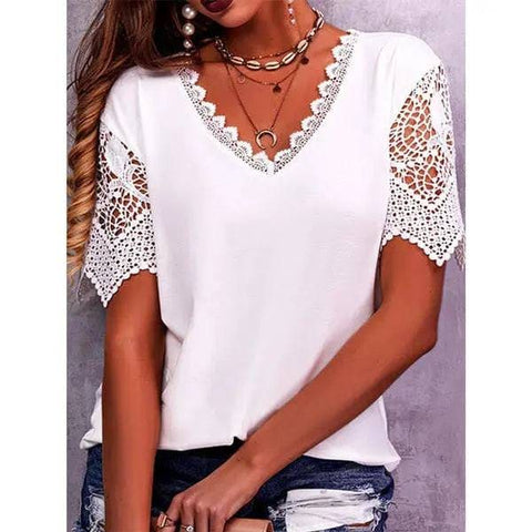 Lace Tops Women Summer Loose V Neck Short Sleeve Casual Shirts - White / 5XL