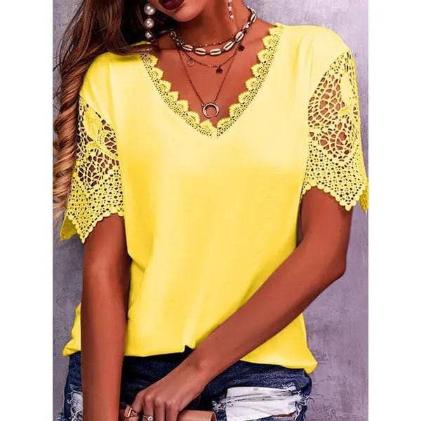 Lace Tops Women Summer Loose V Neck Short Sleeve Casual Shirts - Yellow / 5XL