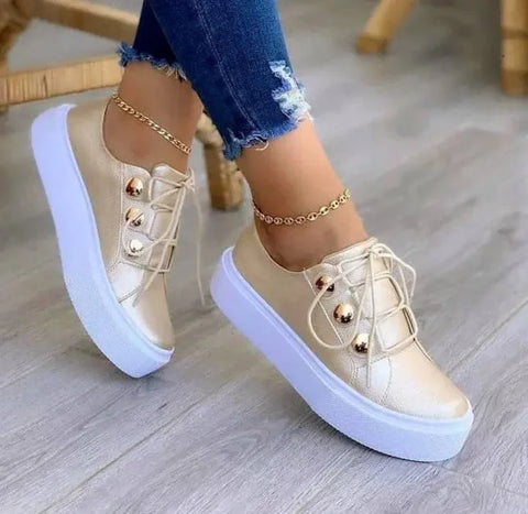 Lace-Up Flats Sneakers for Women with Rivet Casual Design - Himpall