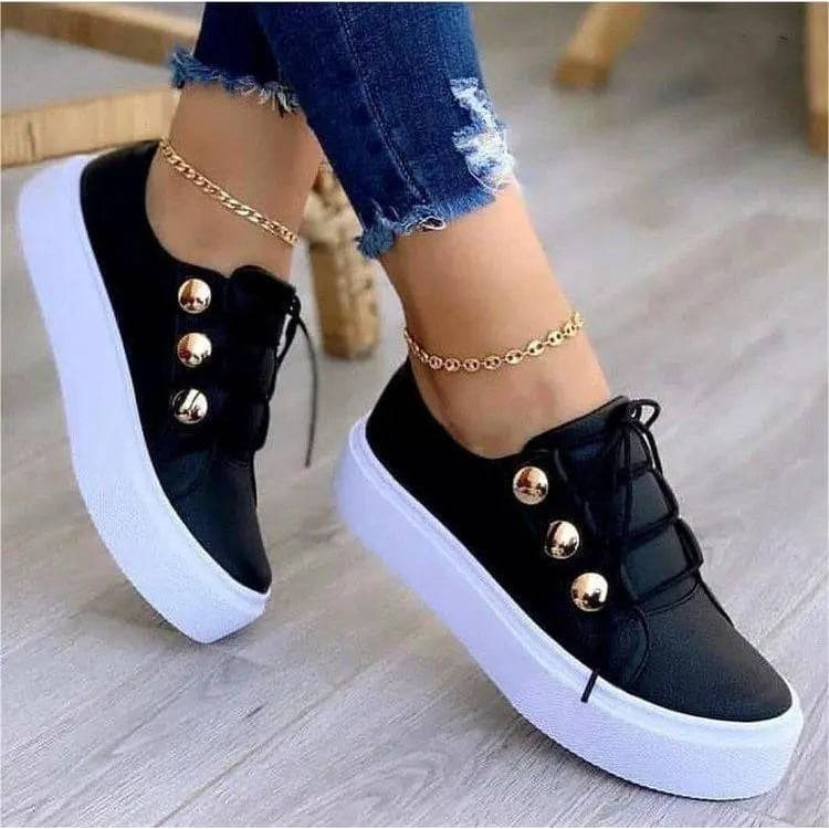 Lace-up Flats Sneakers Women Rivet Casual Shoes - Black / Size35