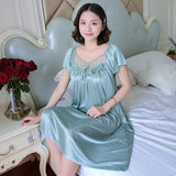 Ladies Ice Silk Nightgowns Sleeping Dress Medium Length Short Sleeve Nightdress Sexy Sleepwear Home Wear Loungewear