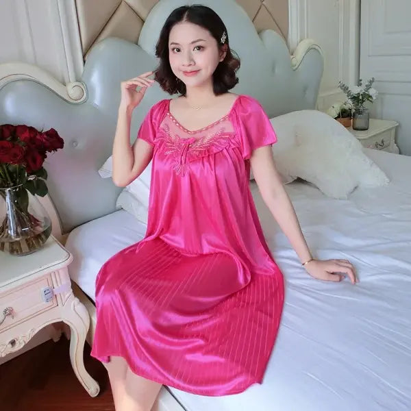 Ladies Ice Silk Nightgowns Sleeping Dress Medium Length Short Sleeve Nightdress Sexy Sleepwear Home Wear Loungewear
