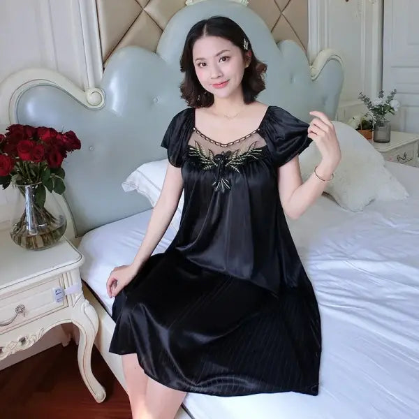 Ladies Ice Silk Nightgowns Sleeping Dress Medium Length Short Sleeve Nightdress Sexy Sleepwear Home Wear Loungewear