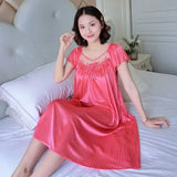 Ladies Ice Silk Nightgowns Sleeping Dress Medium Length Short Sleeve Nightdress Sexy Sleepwear Home Wear Loungewear