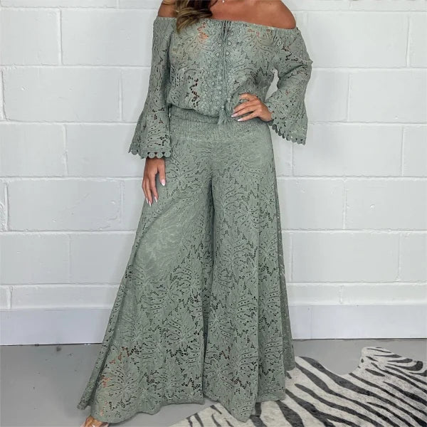 Lady's Lace Blouse Pants Fashion Suit - Himpall