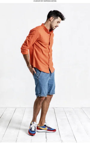 Long-sleeved cotton and linen shirts for men - Orange / 3XL