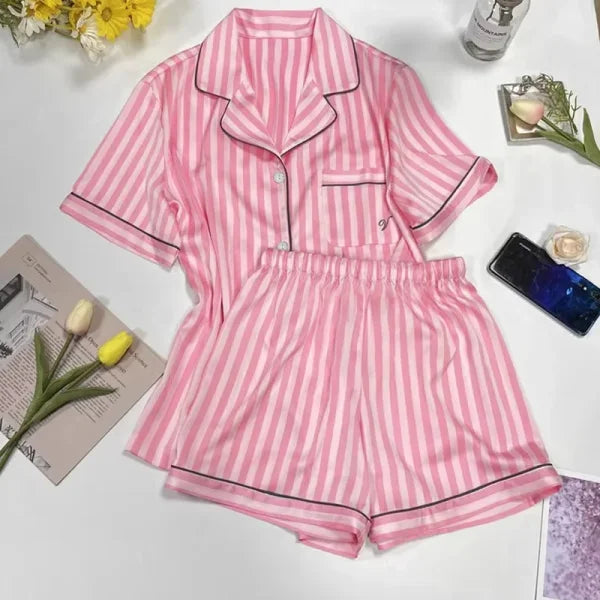 Large Size Women’s Pajama Set - Striped Short-Sleeve Cardigan Homewear - XL / Pink
