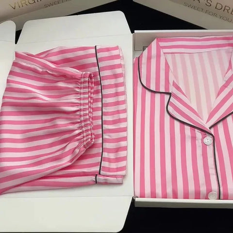 Large Size Women’s Pajama Set - Striped Short-Sleeve Cardigan Homewear