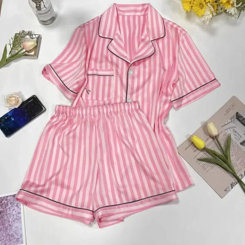Large Size Women’s Pajama Set - Striped Short-Sleeve Cardigan Homewear
