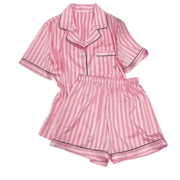 Large Size Women’s Pajama Set - Striped Short-Sleeve Cardigan Homewear