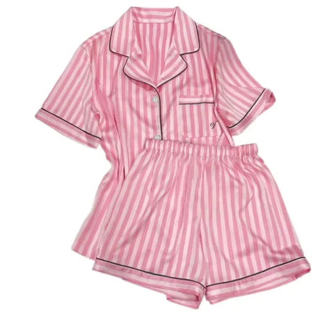 Large Size Women’s Pajama Set - Striped Short-Sleeve Cardigan Homewear