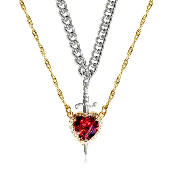 LATS Heart and Sword Zircon Figaro Chain Compatibility Necklace - 77759