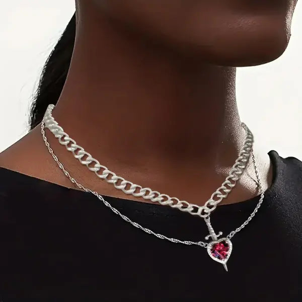 LATS Heart and Sword Zircon Figaro Chain Compatibility Necklace