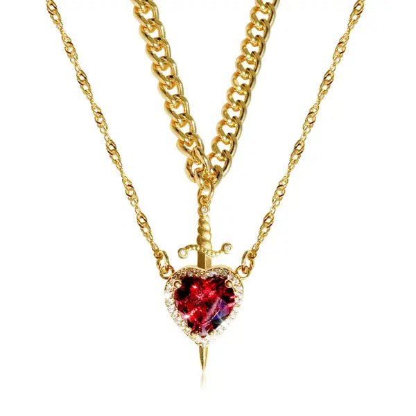 LATS Heart and Sword Zircon Figaro Chain Compatibility Necklace - 77757