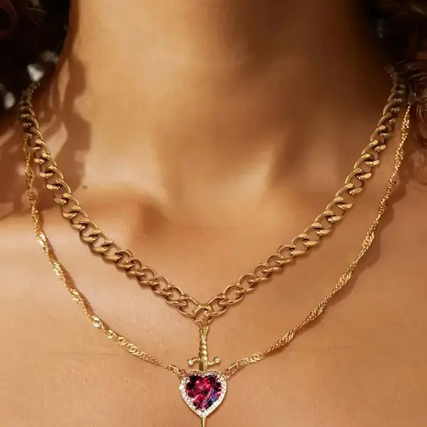 LATS Heart and Sword Zircon Figaro Chain Compatibility Necklace