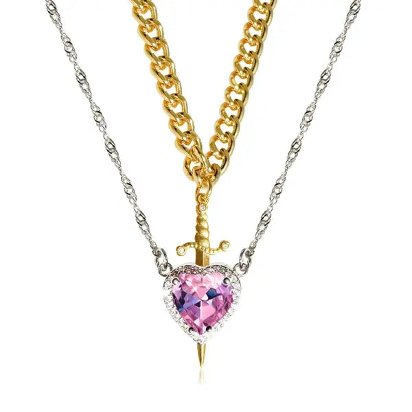 LATS Heart and Sword Zircon Figaro Chain Compatibility Necklace - 77764