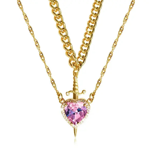LATS Heart and Sword Zircon Figaro Chain Compatibility Necklace - 77761