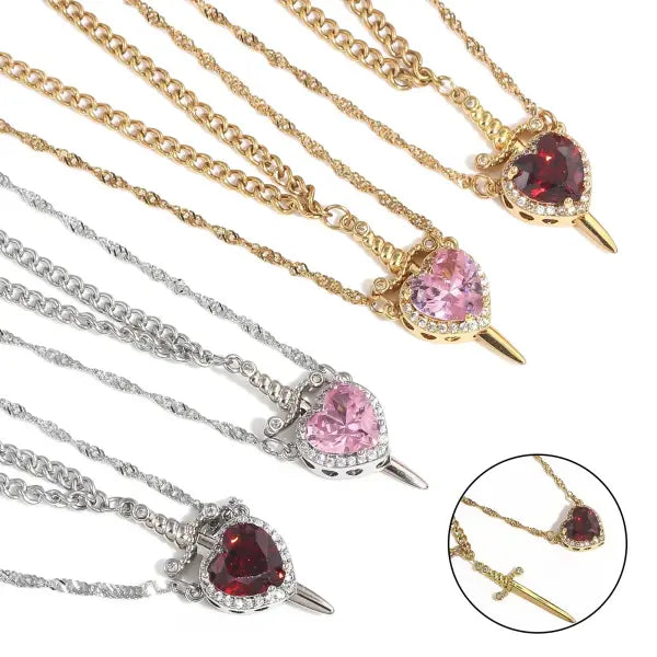 LATS Heart and Sword Zircon Figaro Chain Compatibility Necklace