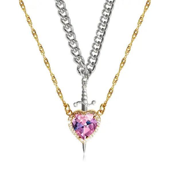 LATS Heart and Sword Zircon Figaro Chain Compatibility Necklace - 77763