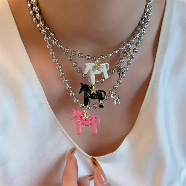 LATS White Black Green Blue Pink Color Enamel Colt Horse Pendant Necklaces for Women Silver Plated Alloy Beads Chain