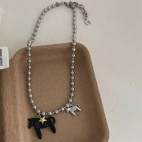LATS White Black Green Blue Pink Color Enamel Colt Horse Pendant Necklaces for Women Silver Plated Alloy Beads Chain